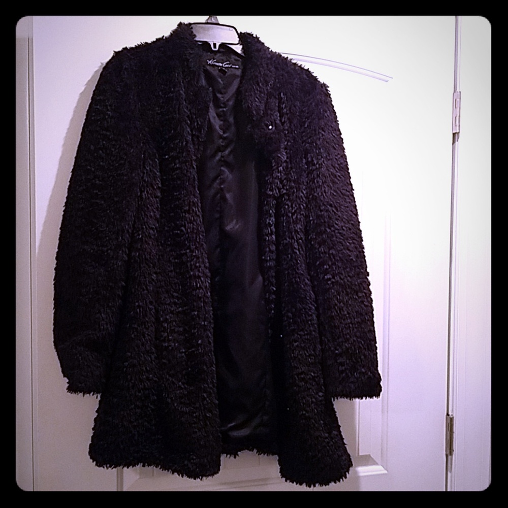 Black mid length fuzzy coat